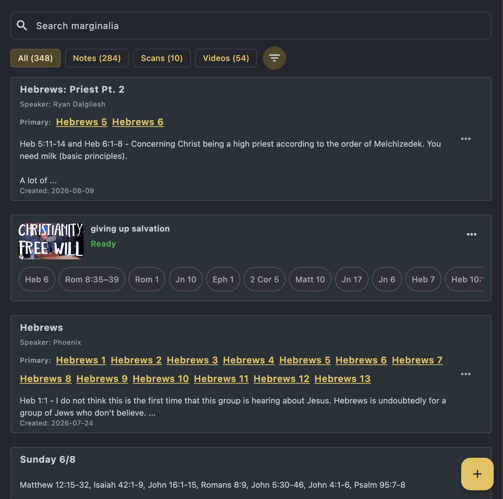 Marginality search results containing notes, scans, and verse-linked videos