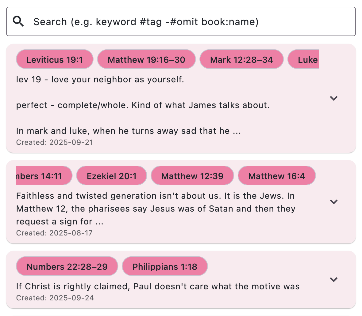 Notebook view showing organized study entries