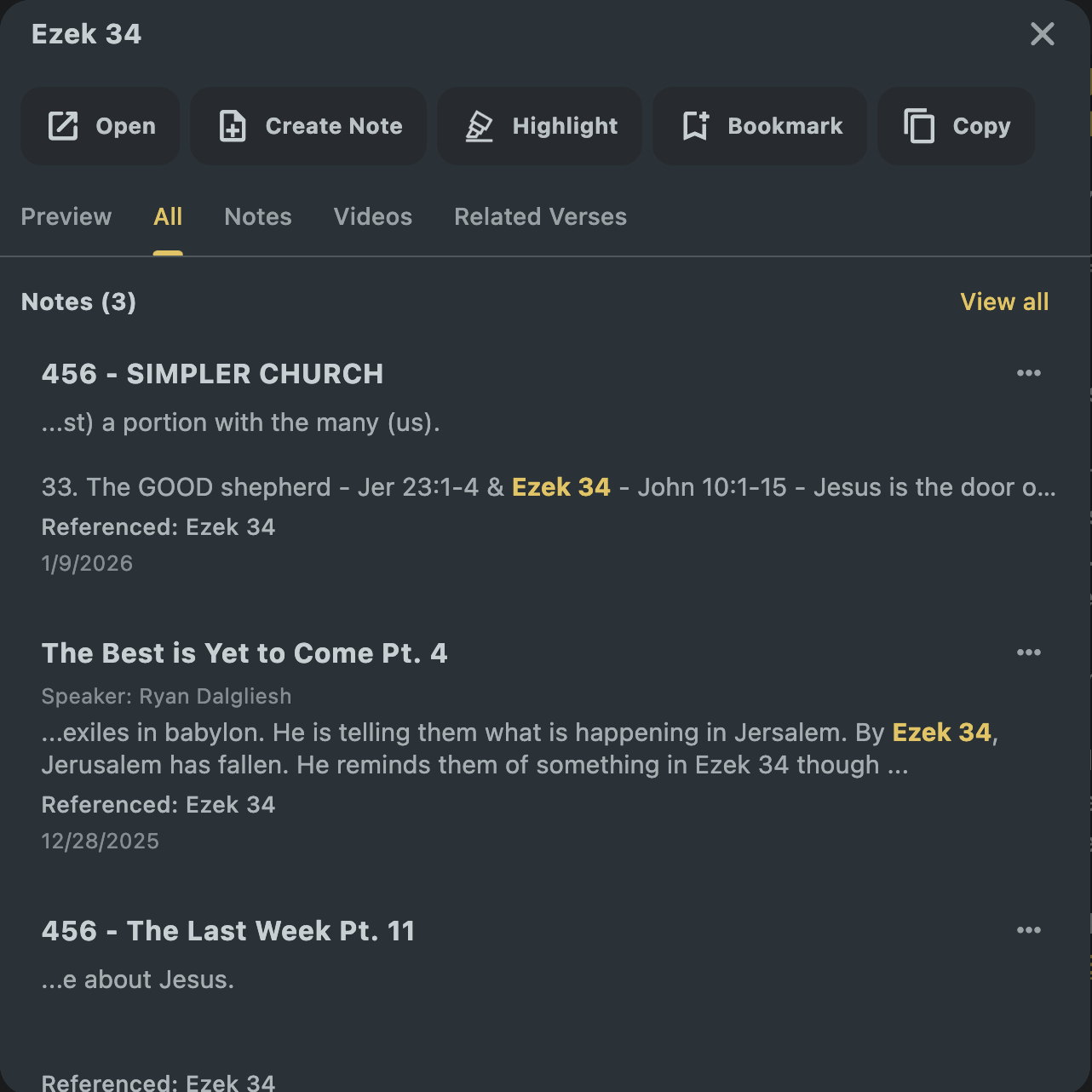 The Marginality verse menu showing actions, notes, videos, and related verses